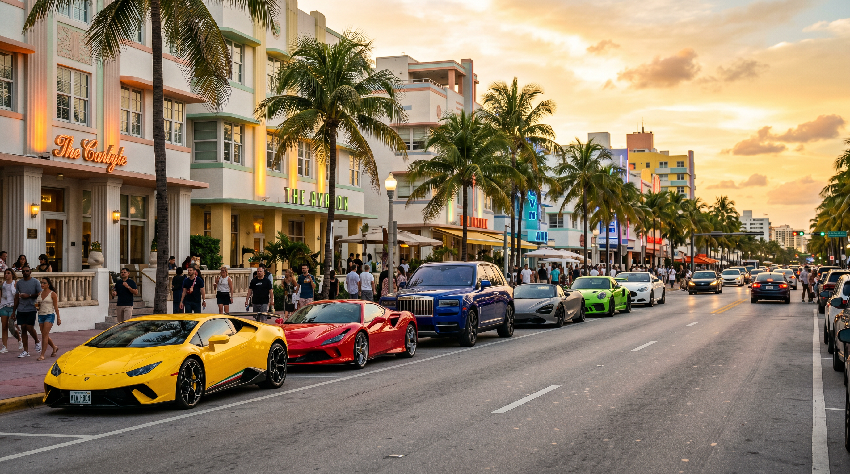 Lineup of exotic supercars including Lamborghini Huracan, Ferrari F8, and Rolls-Royce Cullinan on Collins Avenue Miami Beach at golden hour
