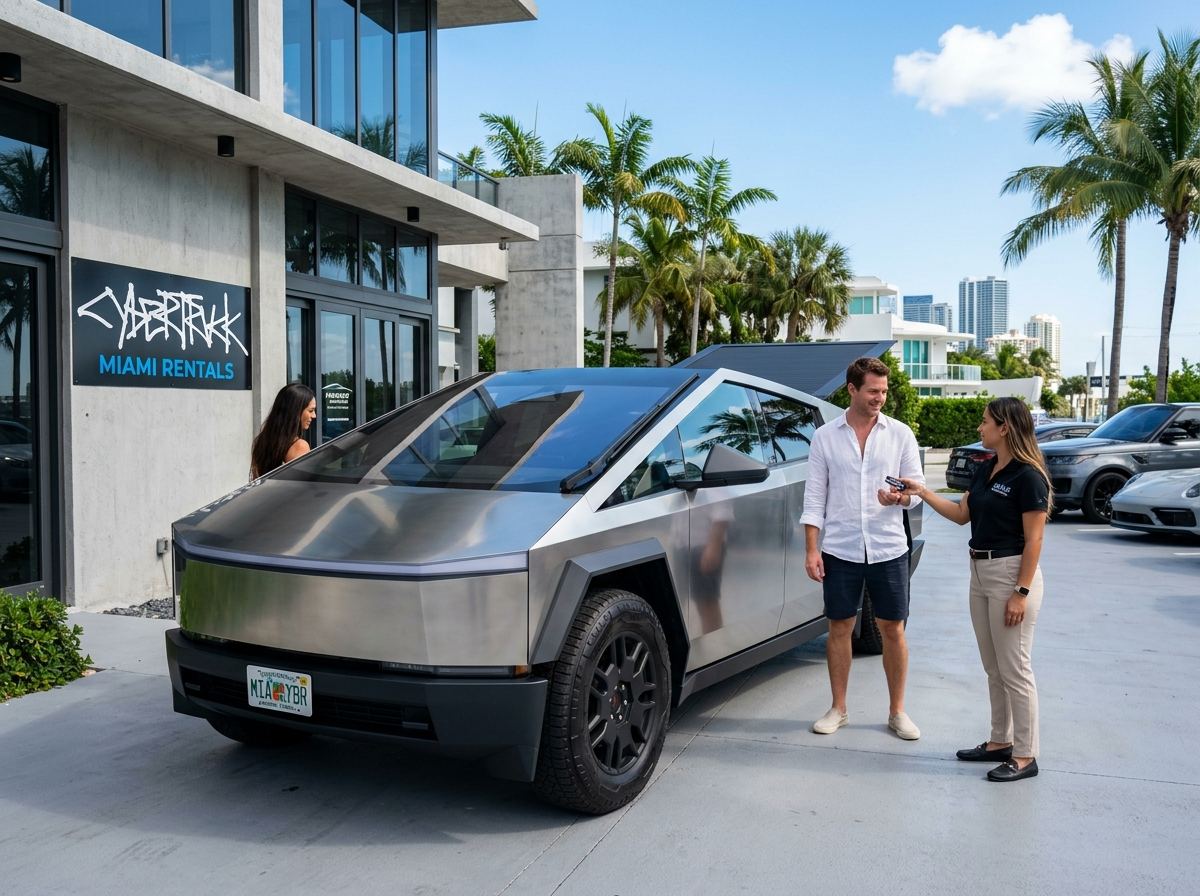 2024 Tesla Cybertruck AWD silver futuristic electric truck rental in Miami